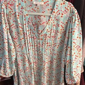 Rose & Olive Green V-neck Blouse with 3/4 Sleeves and Pleated Relaxed Style